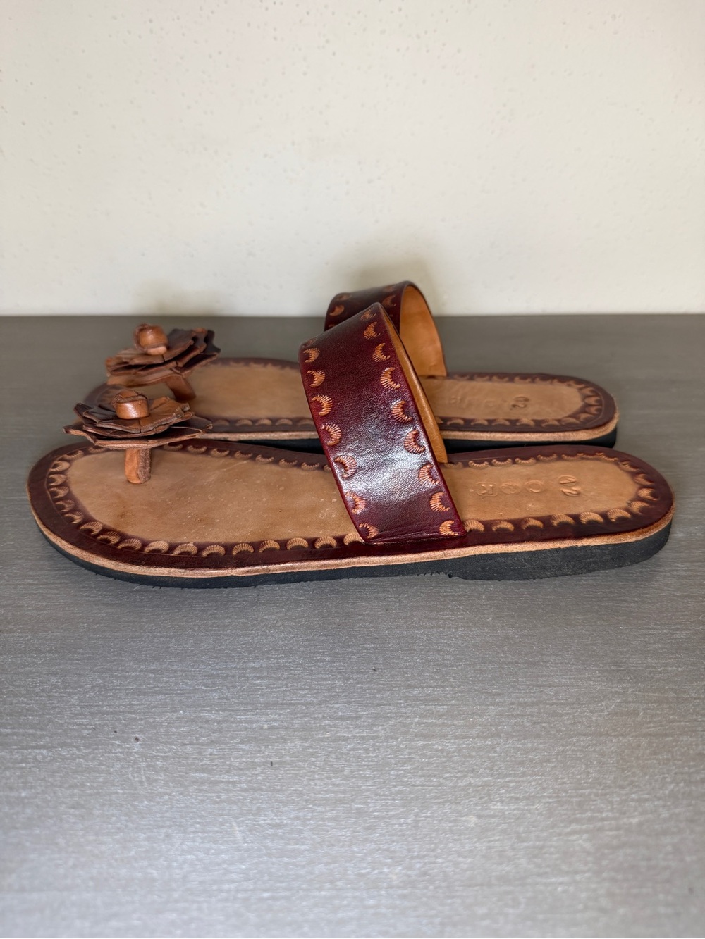 Handmade Leather Sandals Floral Toe Thong Caribbean Slip On Mexico Greek Strappy - Picture 3 of 8